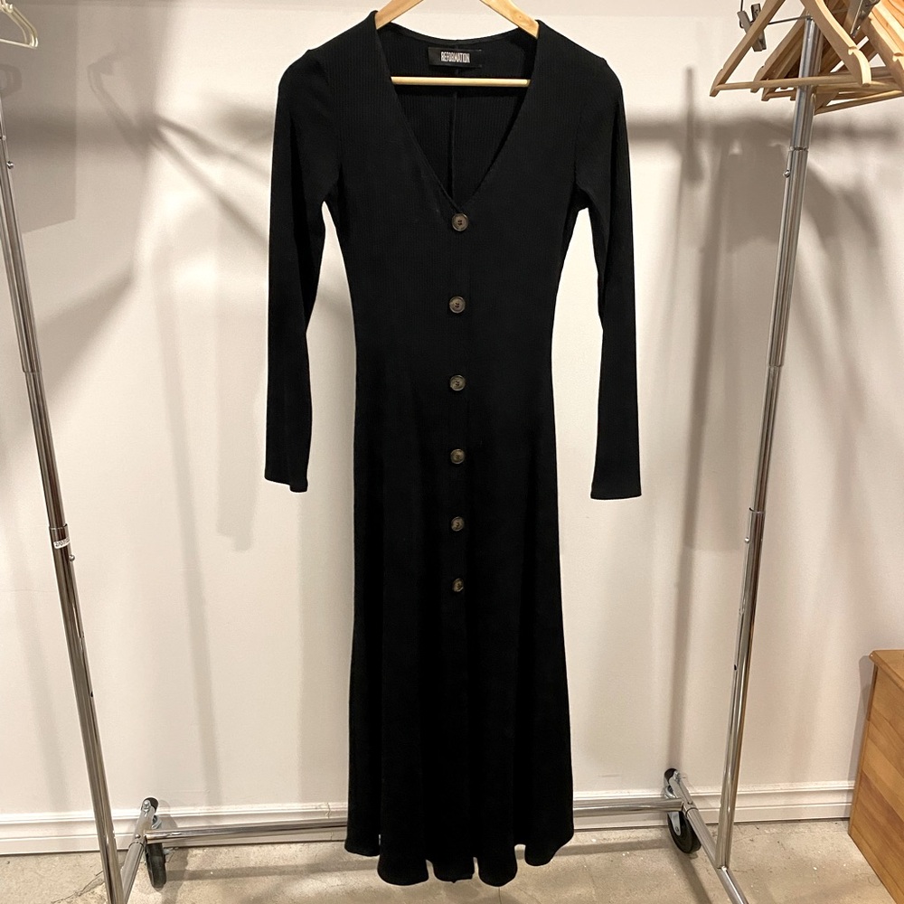 Reformation, long sleeve midi length black jersey ribbed knit dress, size S